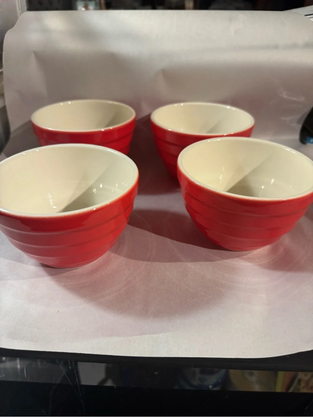 Lot 4 Crate & Barrel Parker ribbed beehive nesting bowls red w/cream interior